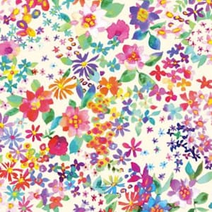 May include: A white background with a colorful floral pattern. The flowers are in various shades of pink, red, orange, yellow, blue, purple, and green. The flowers are painted in a watercolor style and have a whimsical feel.