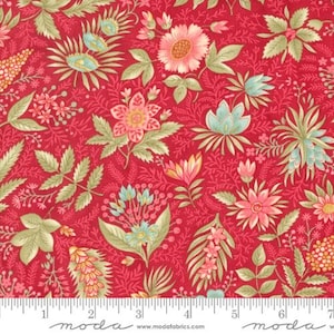 May include: A vibrant red fabric with a floral pattern. The design features various flowers in shades of pink, peach, and blue, along with green leaves and stems. The fabric is suitable for quilting and other craft projects.