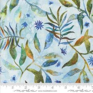 May include: Blue and green watercolour floral fabric with a light blue background. The fabric features a repeating pattern of leaves and flowers.