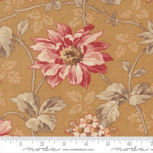 May include: Floral fabric with a repeating pattern of large pink and red flowers, gray leaves, and stems on a golden-yellow background. The fabric has a textured appearance and a ruler along the bottom edge.