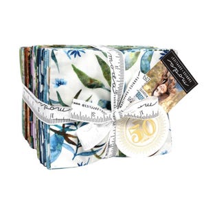 May include: A bundle of 50 fabric squares featuring a watercolour floral pattern in shades of blue, green, and brown on a white background. The fabric squares are tied together with a white ribbon and a tag that says "moda" and "50 fat quarters".