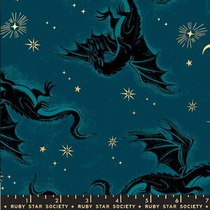 May include: Dark teal fabric with a repeating pattern of black dragons, stars, and crescent moons. The dragons have detailed wings and are set against a starry night sky. The text "RUBY STAR SOCIETY" is at the bottom.