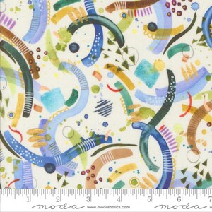 May include: White fabric with a colourful abstract pattern of blue, green, gold, and purple lines and shapes. The fabric has a subtle speckled texture.