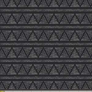 May include: Black fabric featuring a repeating pattern of grey triangles and dotted lines. The triangles are formed by small, evenly spaced dots. The design is symmetrical, creating a textured look. Fabric is measured in inches, equivalent to cm.