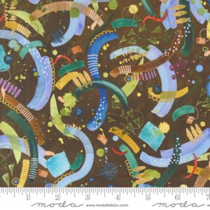 May include: Abstract pattern fabric with a brown background and colourful swirls, lines, and dots. The fabric has a textured look and feel.