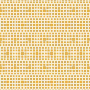 May include: A repeating pattern of small, uneven squares in a warm yellow colour against a cream-coloured background. The squares are densely packed, creating a textured, grid-like effect. This design is suitable for various applications, including fabric or wallpaper.