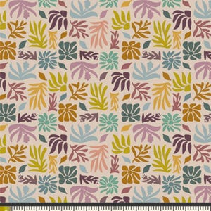 May include: A fabric with a repeating floral pattern. The design features stylized flowers and leaves in shades of yellow, orange, purple, teal, and pink on a beige background. The pattern is measured with a ruler in inches.