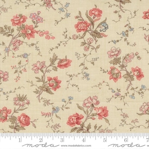 May include: Cream-colored fabric with a repeating floral pattern. The design features pink and red flowers with brown stems and green leaves, interspersed with small blue blossoms. The fabric has a vintage, botanical aesthetic.