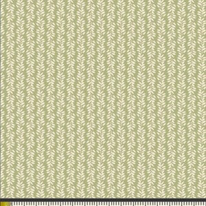 May include: A fabric with a repeating pattern of off-white, leaf-like shapes against a pale green background. The leaves are arranged in vertical rows, creating a textured appearance. The fabric is measured with a ruler in inches.