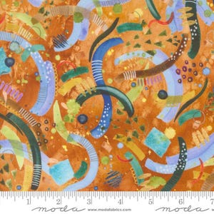 May include: Abstract fabric with a brown background and colourful swirls, dots, and lines. The fabric has a textured look and feel.