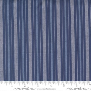 May include: Close-up of a fabric with vertical stripes in shades of blue and white. The stripes vary in width and color, creating a textured appearance. A ruler is at the bottom, indicating measurements in inches.