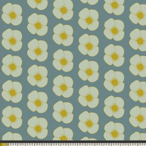 May include: A fabric pattern featuring a repeating floral design. The flowers are white with yellow centers and are set against a muted blue-green background. The pattern is measured with a ruler in inches.