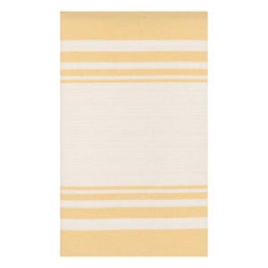 May include: A rectangular, cream-colored towel with horizontal stripes in a soft yellow hue. The stripes vary in width, creating a simple yet visually appealing design. The towel is likely made of a soft, absorbent material.
