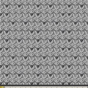 May include: A grey fabric featuring a repeating pattern of white leaves and small black and grey circles. The leaves are stylized and arranged in vertical rows. The pattern is measured in inches.
