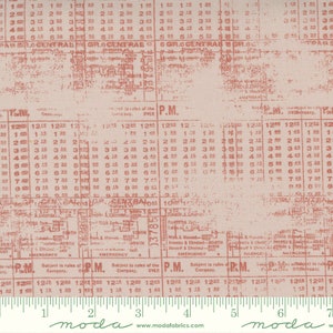 May include: A vintage-style fabric featuring a repeating pattern of faded red train schedules. The fabric has a textured, linen-like appearance and includes numbers, times, and the words "GR.6 CENTRAL" and "EMERGENCY".