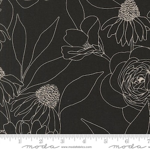 Moda Botany MOCHI LINNEN - Geëtst met bloemen in inkt (11557 12L) van Alli K Design - Verkocht op maat gesneden - Doorlopend