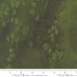 May include: A green watercolour fabric with a mottled, textured pattern. The fabric has a subtle, faded look, reminiscent of a forest scene.