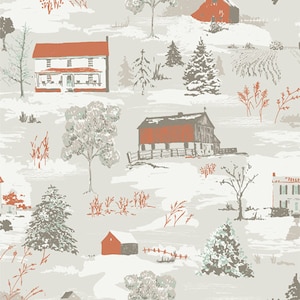 May include: A gray and white patterned wallpaper with a wintery scene of houses, trees, and fields. The houses are red and white, and the trees are green and white. The fields are covered in snow.