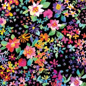 May include: A vibrant floral pattern featuring a variety of colorful flowers in shades of pink, red, yellow, orange, purple, and blue against a black background. The watercolor-style design includes detailed petals and green leaves, creating a lively and artistic look.