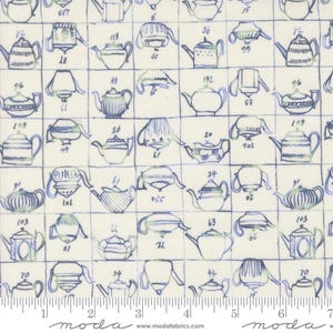May include: A white fabric with a blue and green pattern of teapots. The fabric is numbered with a ruler at the bottom. The text on the ruler reads "moda" and "www.modafabrics.com".