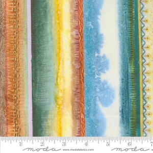 May include: A colourful fabric with a striped pattern. The fabric features a variety of colours, including orange, yellow, green, blue, and white. The stripes are of varying widths and are arranged in a random order. The fabric has a soft, textured feel and is perfect for quilting, sewing, or crafting.