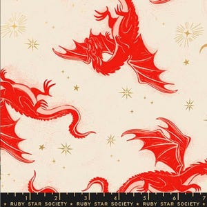May include: Cream-colored fabric with a repeating pattern of red dragons and gold starbursts. The dragons are detailed with wings and long tails. The text "RUBY STAR SOCIETY" is printed along the bottom edge.