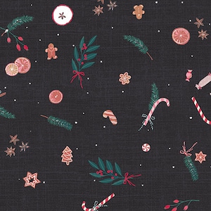 May include: A black background with a repeating pattern of Christmas-themed illustrations. The illustrations include candy canes, gingerbread cookies, star anise, holly, and citrus fruit.
