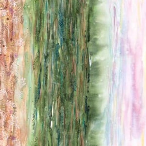 May include: Abstract watercolour painting with three vertical stripes of colour. The left stripe is a light brown with hints of pink and white. The middle stripe is a deep green with hints of blue and brown. The right stripe is a light pink with hints of yellow and white.