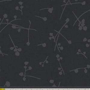 May include: Black fabric with a repeating pattern of small gray floral sprigs. The fabric is measured with a ruler in inches.
