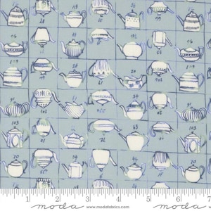 May include: A blue and white fabric with a repeating pattern of teapots. The teapots are in various styles and sizes, and each one has a number on it. The fabric is perfect for quilting, sewing, and crafting.