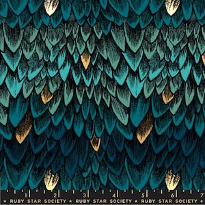May include: Close-up of fabric with a repeating pattern of teal, dark teal, and gold feather-like shapes. The fabric has a textured appearance, with the shapes overlapping. The text "RUBY STAR SOCIETY" is printed at the bottom.