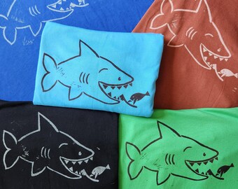 Crew T: Symbiotic Shark & Fish (handprinted)