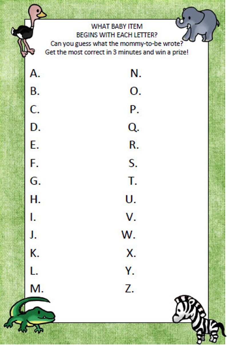 AZ Baby Shower Game Jungle Thememom to Be Etsy