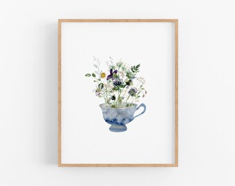 blue teacup with wildflowers art print, printable tea cup wall art for the kitchen, tea coffee gift, botanical flower printable