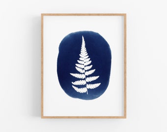 botanical cyanotype print of fern, nature inspired wall art, handmade botanical print, blue fern artwork, home decor accent, digital print