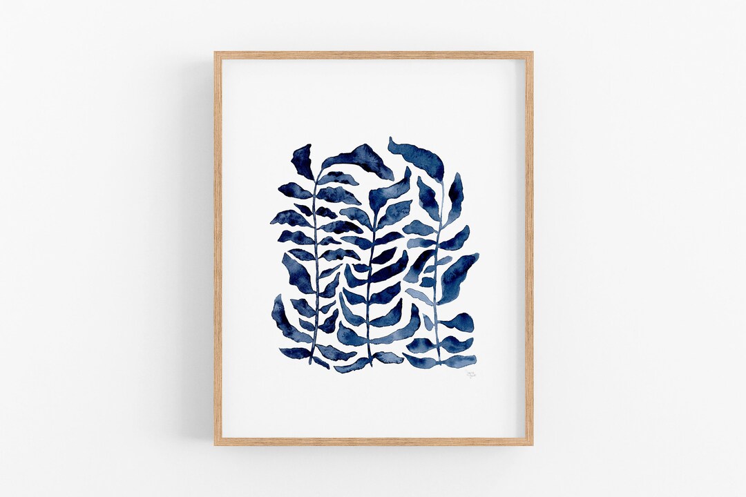 Modern Navy Blue Leaves Printable Wall Art, Abstract Leaf Botanical ...
