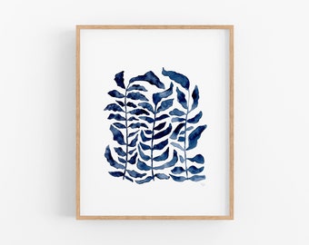 modern navy blue leaves printable wall art, abstract leaf botanical watercolor, indigo digital print, contemporary plant painting