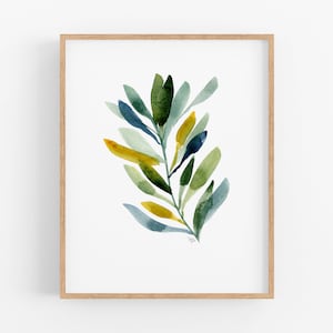 colorful watercolor leaves art print, nature wall art, minimalist modern botanical home decor, gallery wall digital download