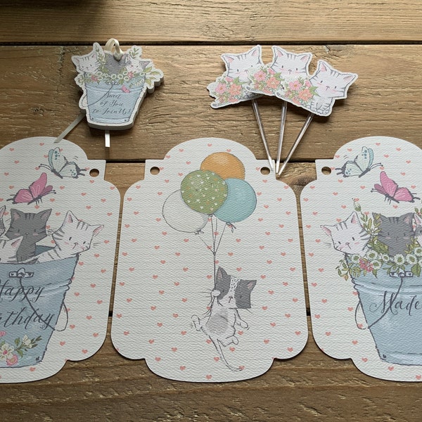 Purr-fectly Adorable Kitten Birthday Party (Banner + Tags + Cupcake Toppers + Sign), Personalized Birthday Kids Party, Kitten Party