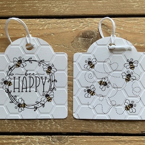 12 Bee Happy Tags, Buzzing Bee Tags, Bee Gift Tags, Bee Favor Tags, Honey Favor Tags, Bee Hive Tags, Honeybee Gift Tags