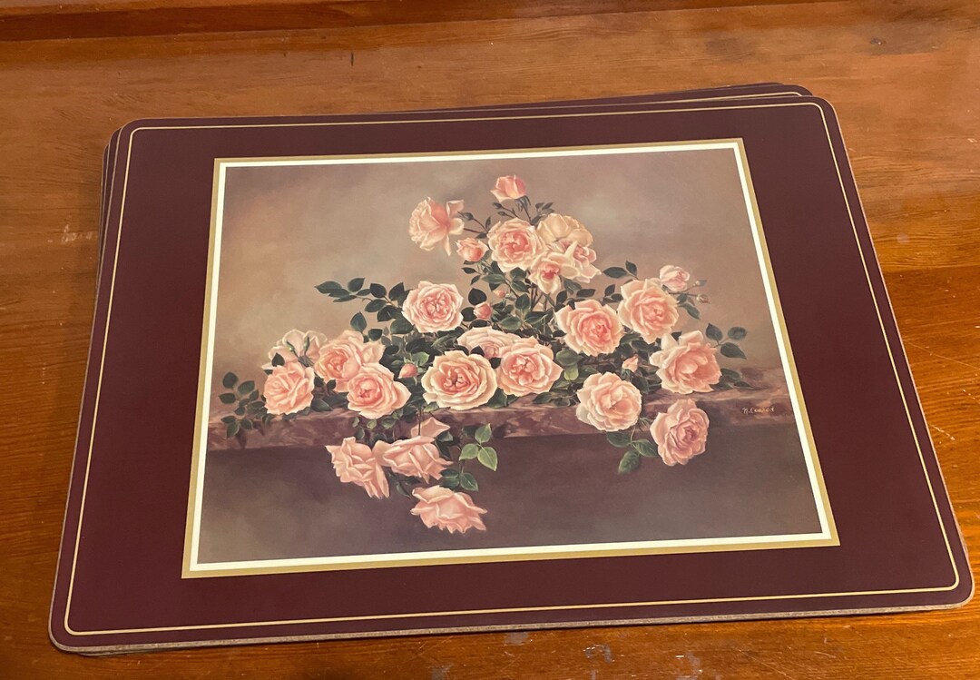 Pimpernel Placemats Pink Roses on a Mantle With Traditional Burgundy