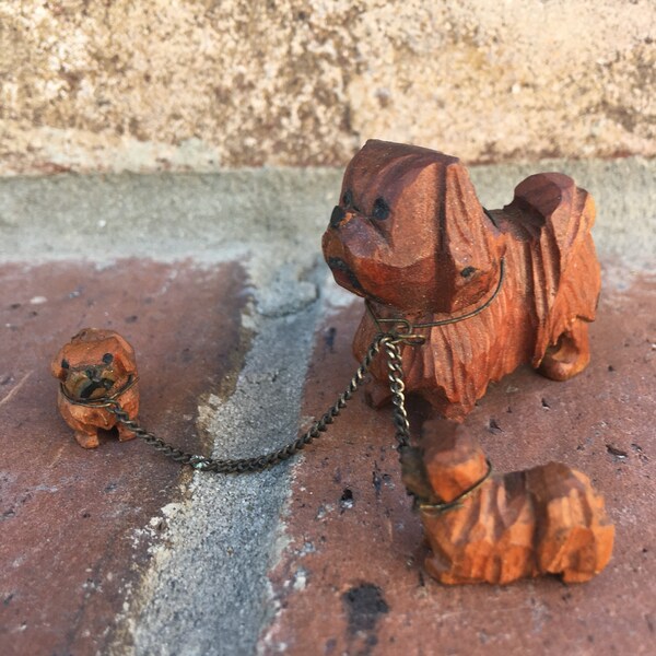 Vintage Wood Carved Terrier Dog Family w/Pups on Chain