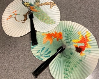 VTG 1940’s Folding Fans set of 2, Koi fish on one  and peacocks on the other; hot flashes, hot weather, outdoor wedding