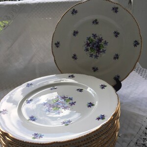 May include: A stack of white porcelain plates with a floral design. Each plate features a gold rim and a central bouquet of purple and blue flowers. Additional small floral clusters are scattered around the plate's edge.