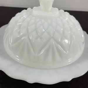 Milk Glass Round Lidded Butter Dish Fans and Diamonds (CP)