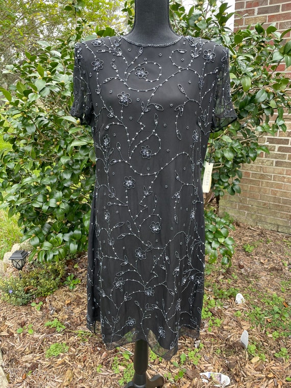 VTG Phoebe for Kay Unger Black Silk Beaded Dress S