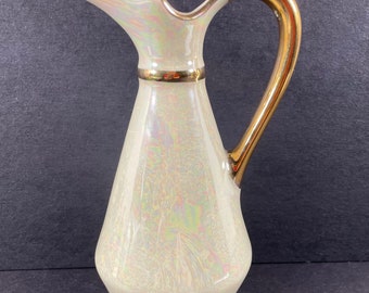 Iridescent White Vase vintage Gold Trim 474 small Pitcher Style 5.5”