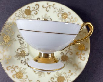 Vtg Wako Occupied Japan Cup and Saucer Fine China- White Gold Embellished