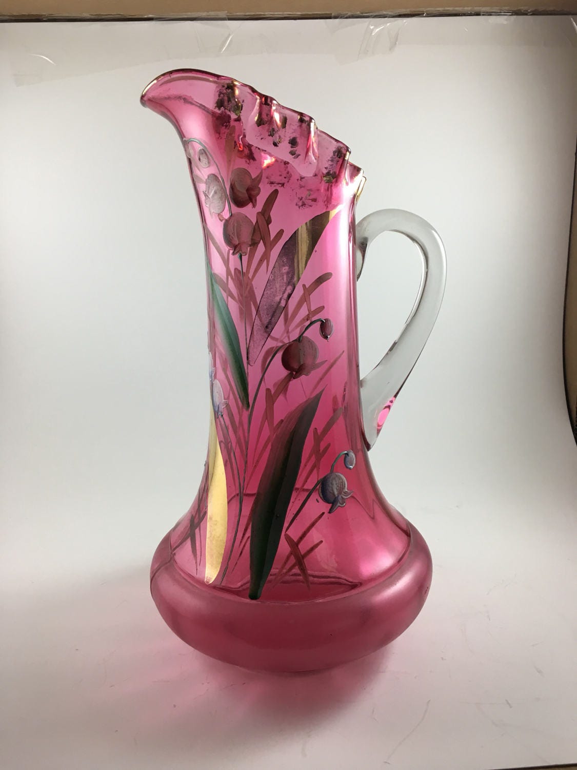Antique Northwood Cranberry Art Glass Lilly of thr Valley Pitcher 12 1/4" tall by 6 1/2" wide.