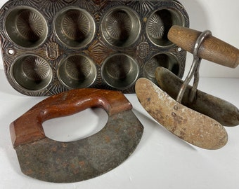 Vintage Collection of Kitchen Utensils: Ekco Muffin Tin Plus a single and double blade wooden handle choppers